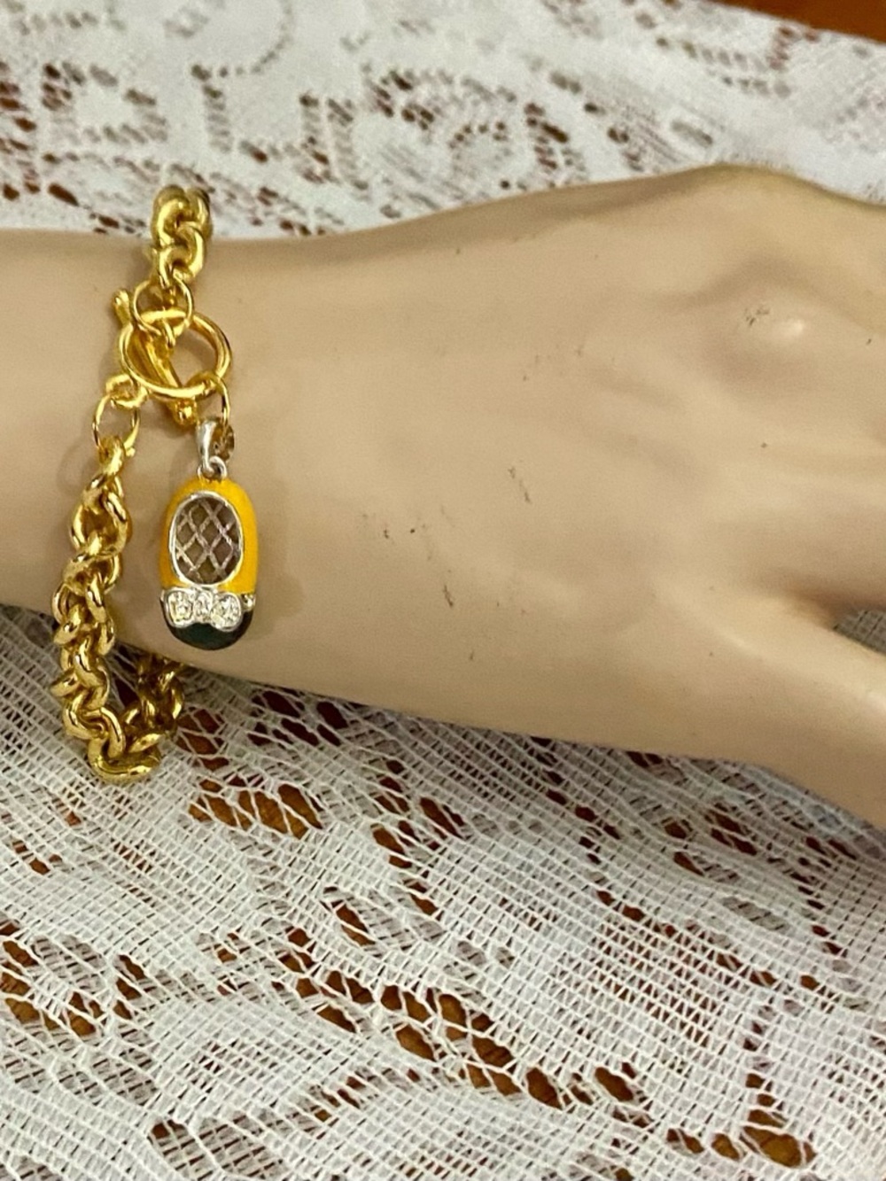 Vintage, Yellow-Black Enameled Shoe Gold Filled Bracelet